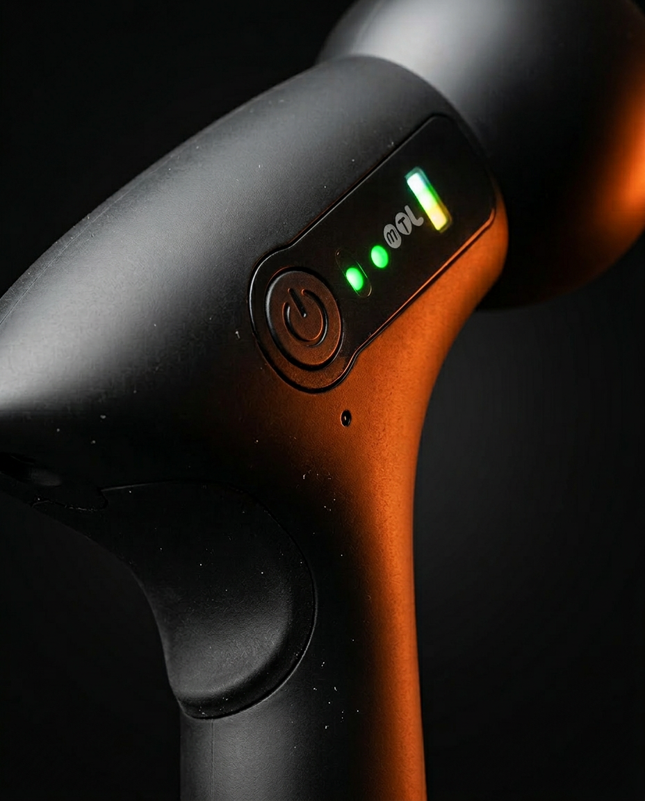 Macro of the power button and LED speed indicator on the massage gun grip