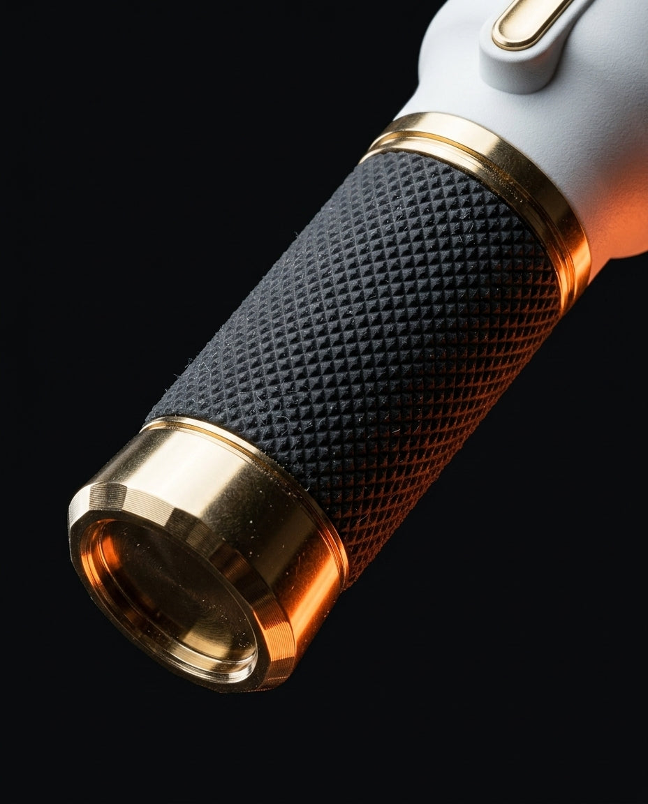 Close-up of the knurled handle grip and polished gold end cap