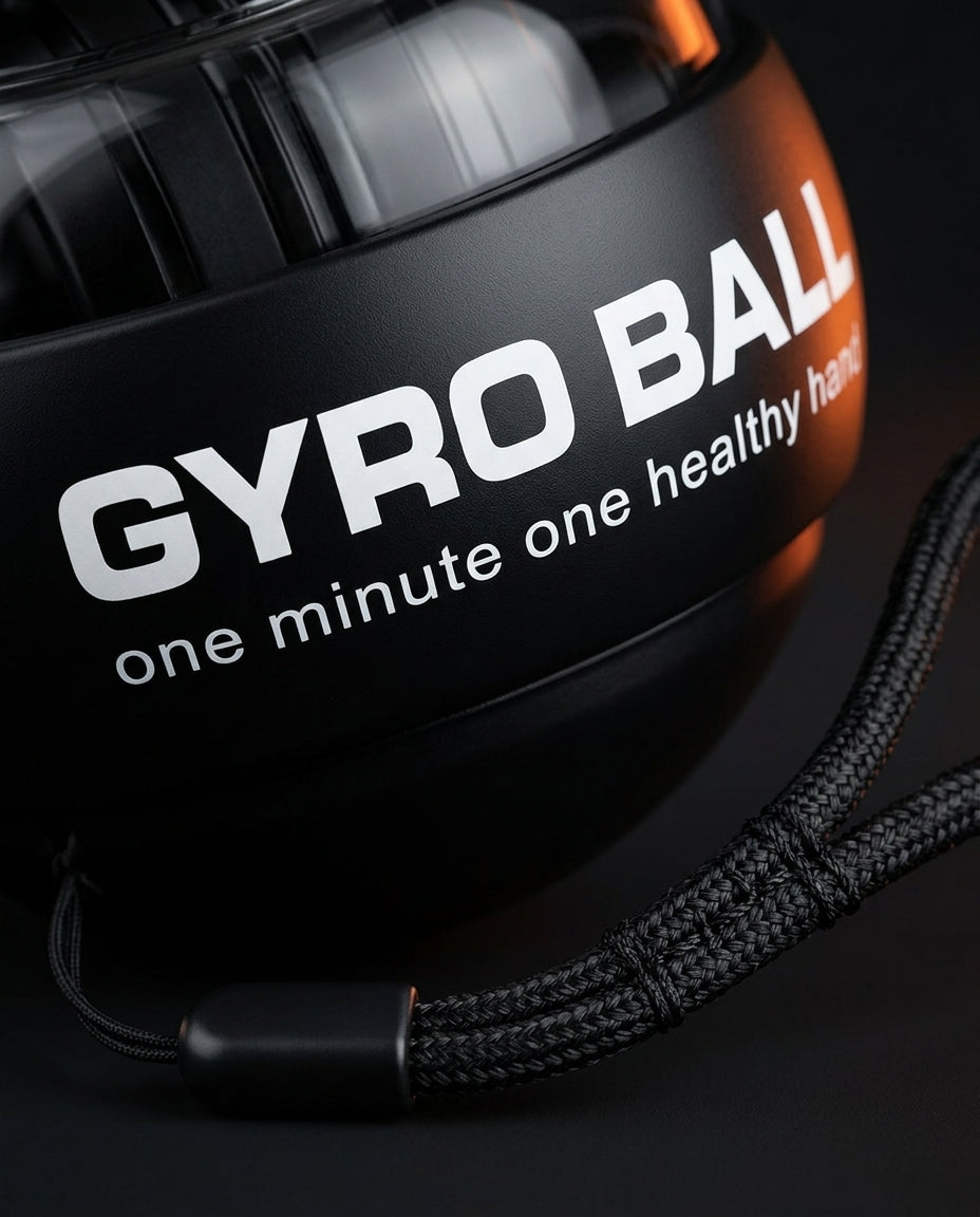 Macro of the gyro ball's matte black grip housing with branding and wrist cord