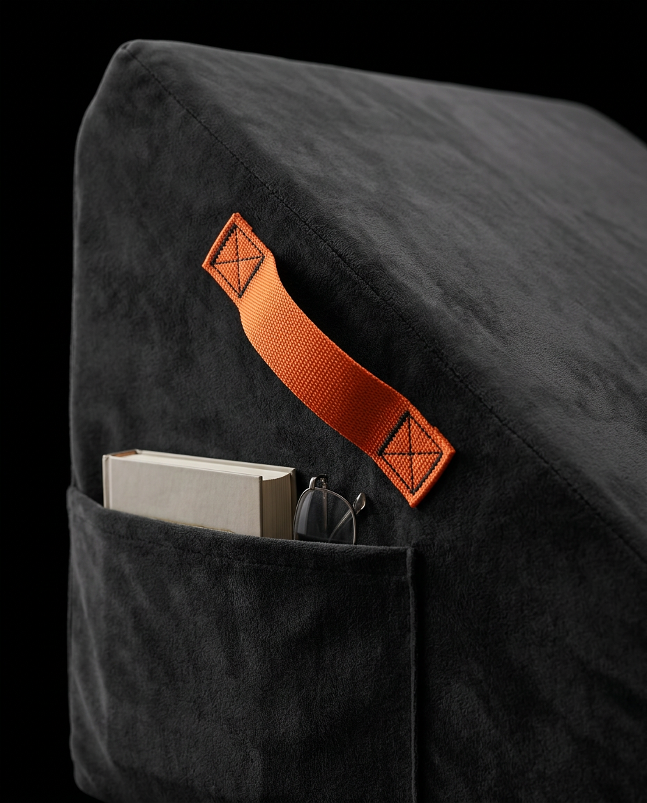 Close-up of orange carry handle and side storage pocket holding a book and glasses