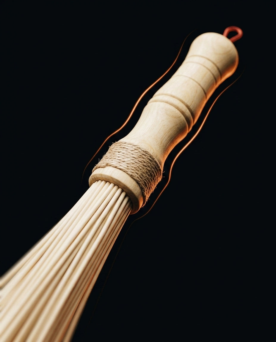 Macro of the turned wooden handle and twine binding of the bamboo roller