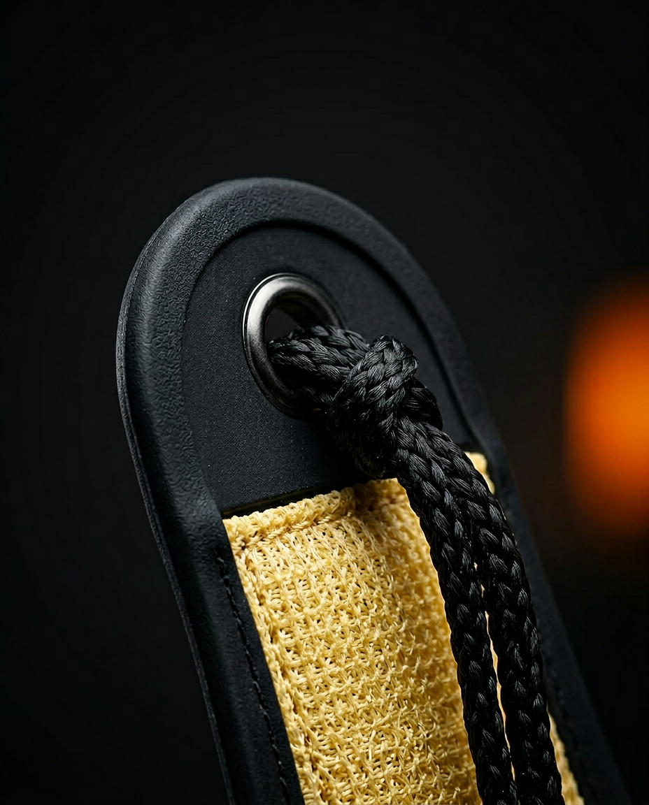 Close-up of the scrubber handle end with reinforced grommet and braided cord