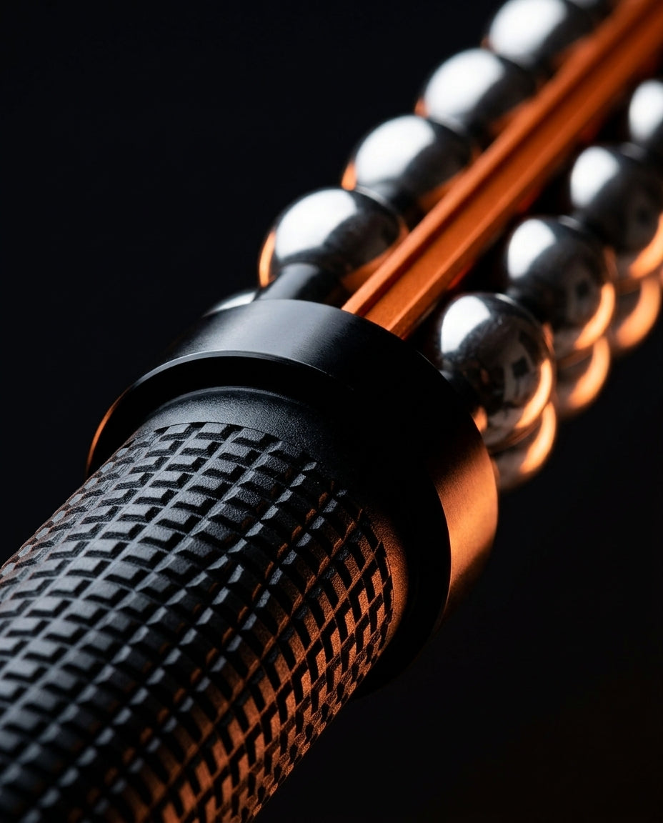 Close-up of the diamond-knurled black handle grip on the muscle roller