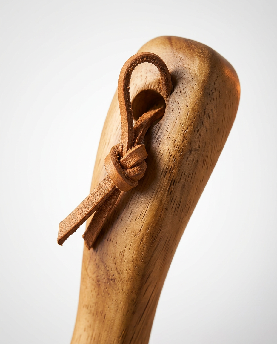 Close-up of the knotted leather cord on the wooden ladle handle