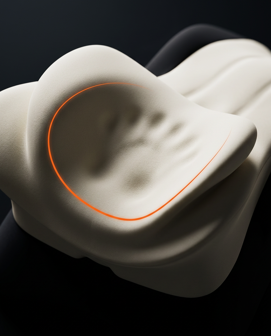 Hand impression in the head-cradle bolster showing slow-rebound memory foam