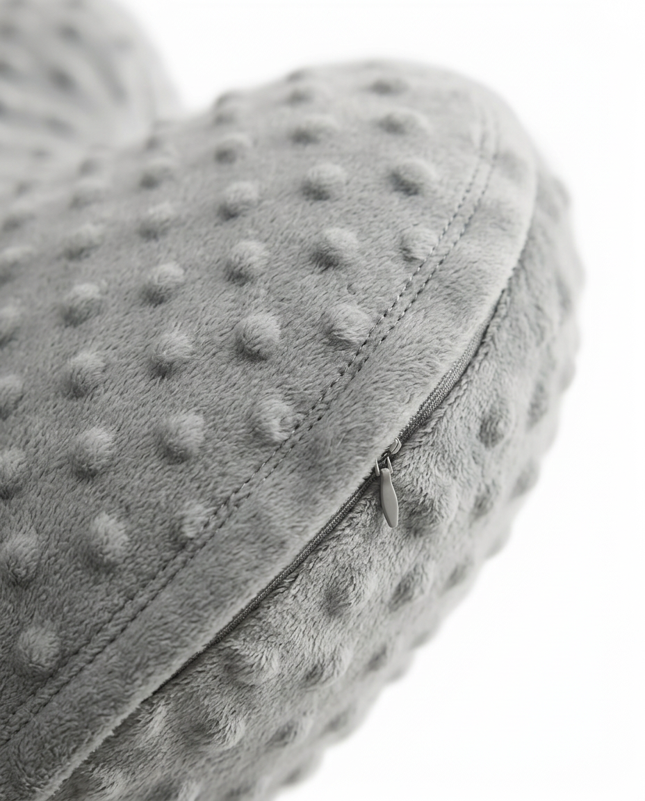 Close-up of the stitched seam along the edge of the heart cushion