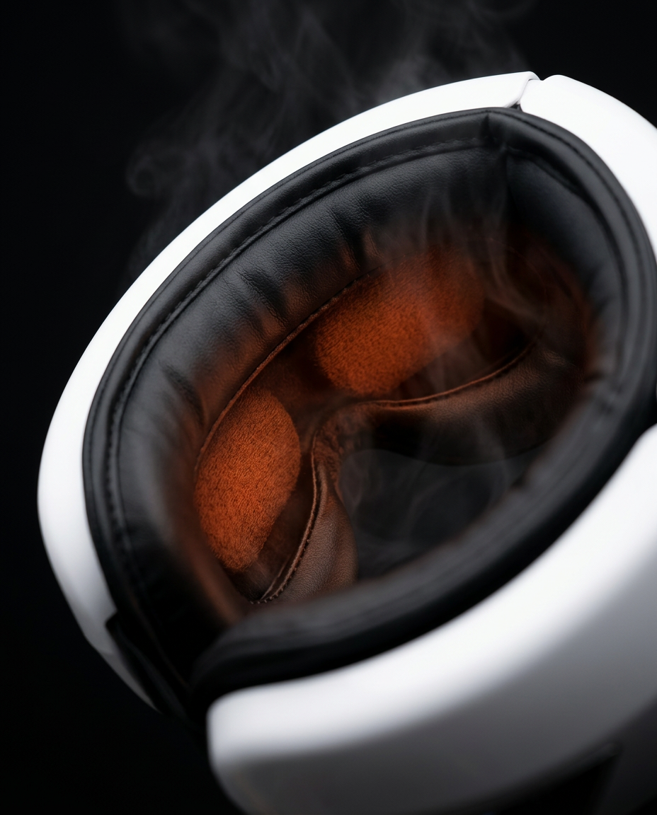 Close-up of the warm glowing heat pads and soft cushioning inside the eye massager