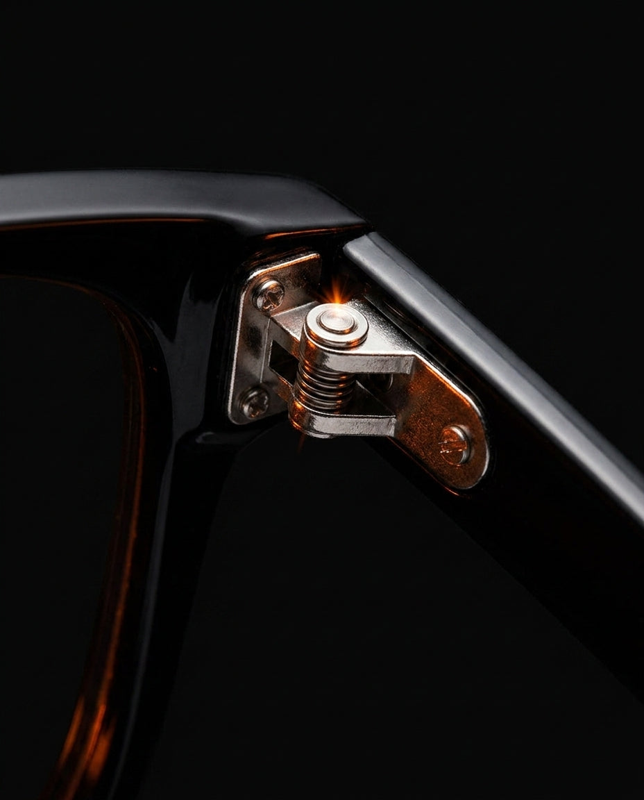 Macro detail of the spring-loaded stainless steel hinge on the glasses frame