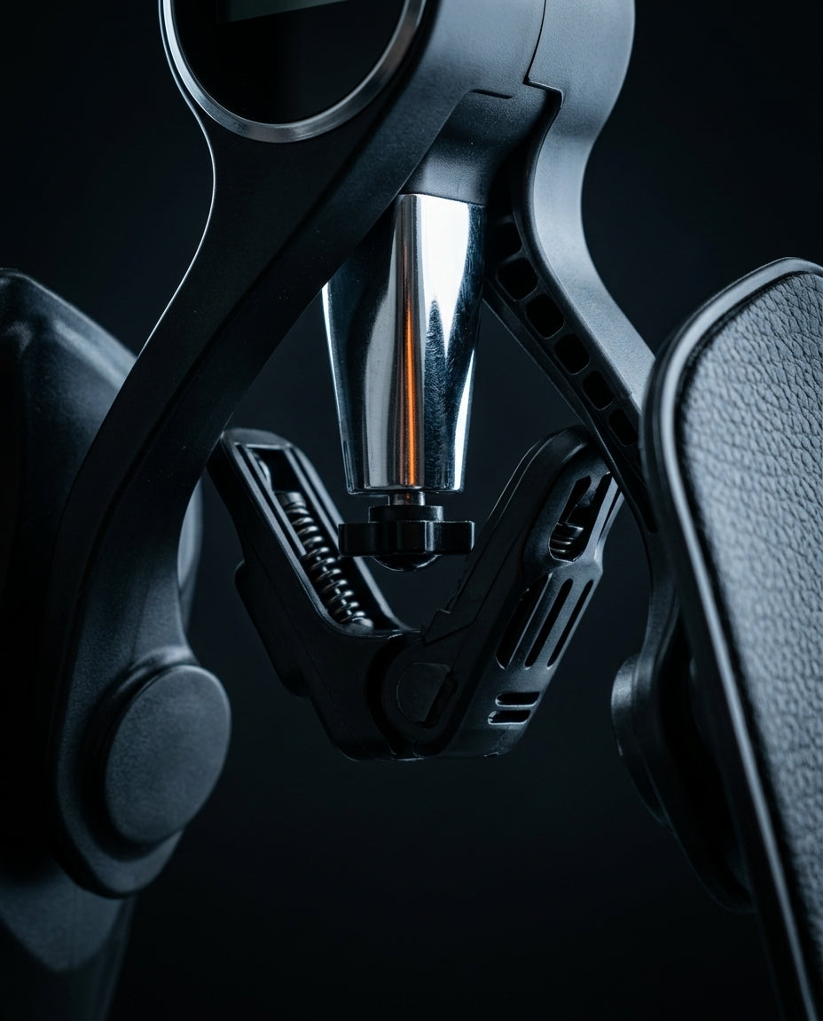 Close-up of the chrome stainless pivot hinge mechanism on the hip trainer