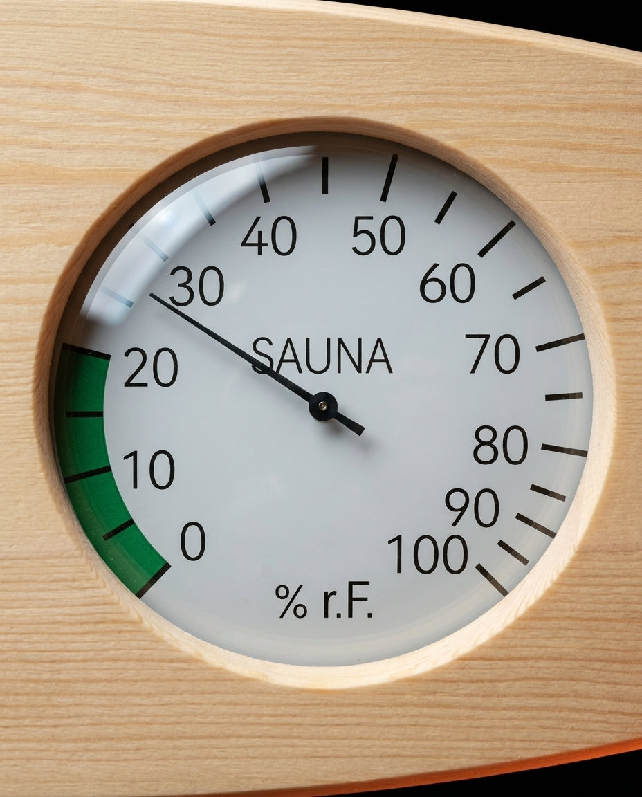 Close-up of sauna hygrometer dial with green humidity comfort band