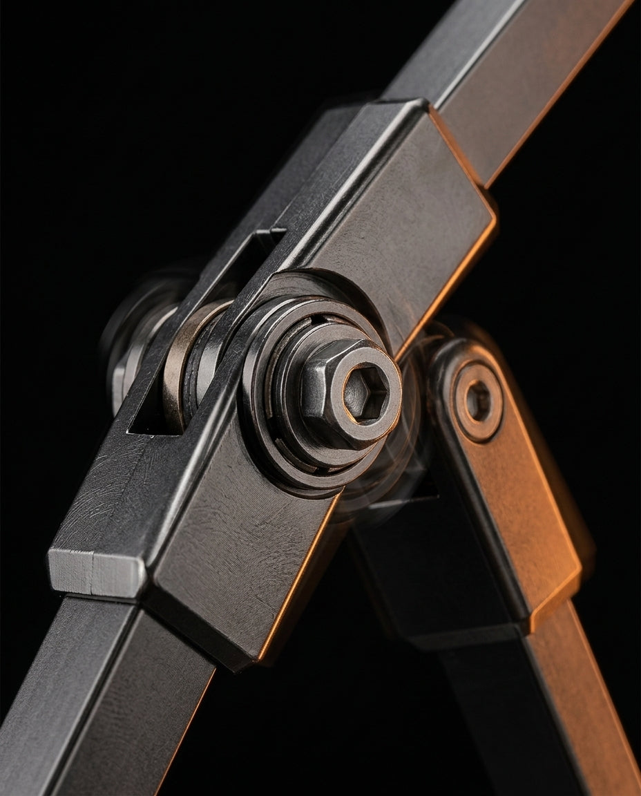 Macro of the phone arm's metal articulating joint with hex-bolt pivot