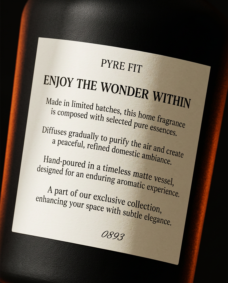Close-up of the reed diffuser's cream label reading Enjoy the Wonder Within