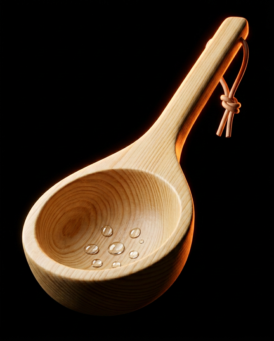 Close-up of the carved pine ladle bowl with water beads and leather loop