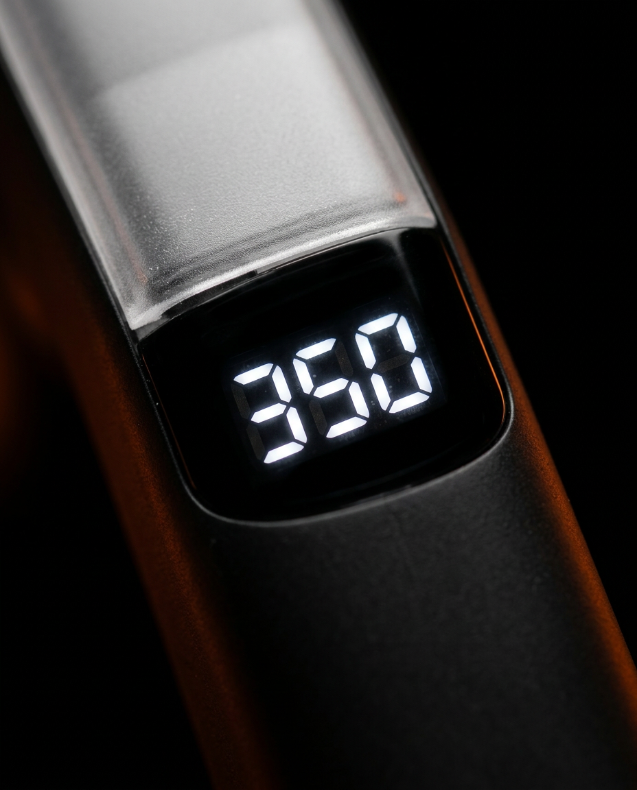 Close-up of the steamer's LED display reading 350 degrees