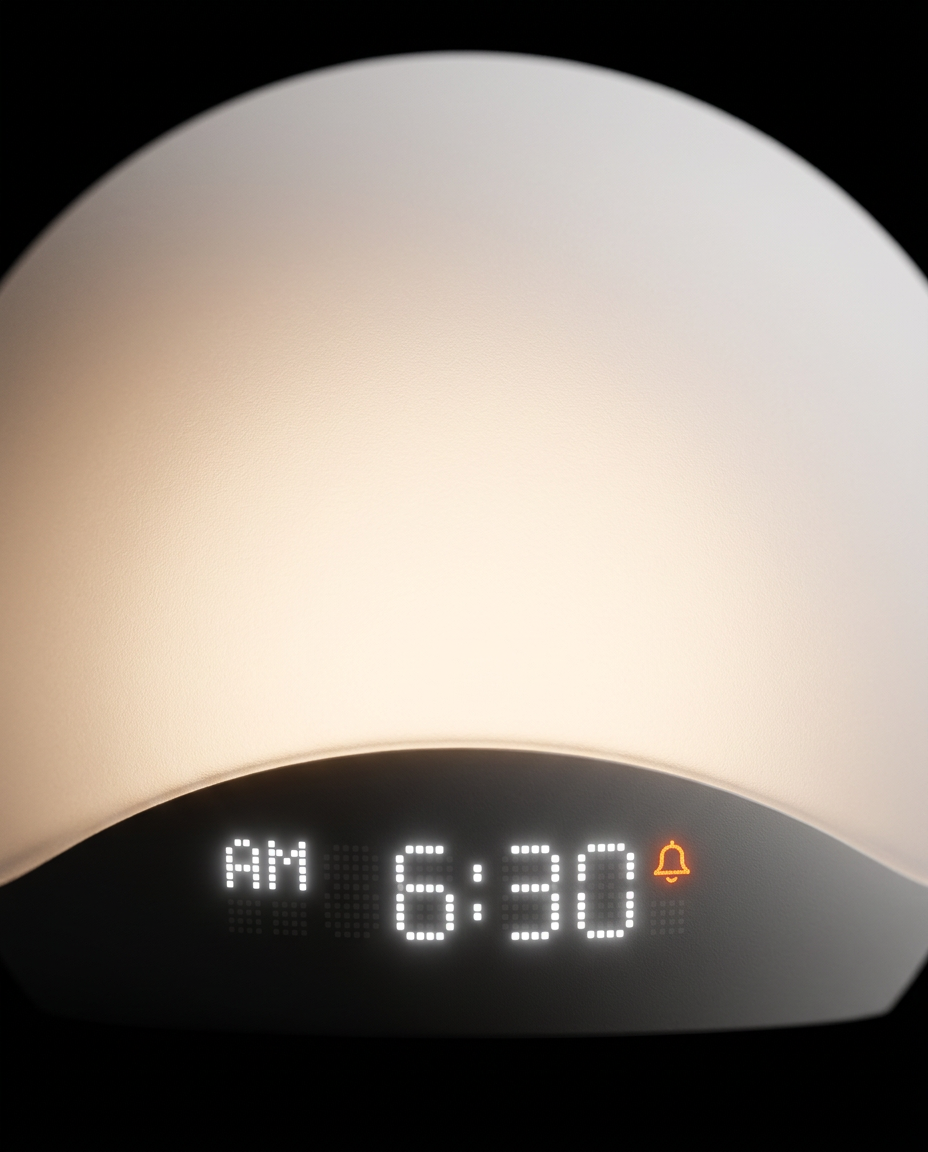 Macro of the LED clock display showing 6:30 AM with alarm icon