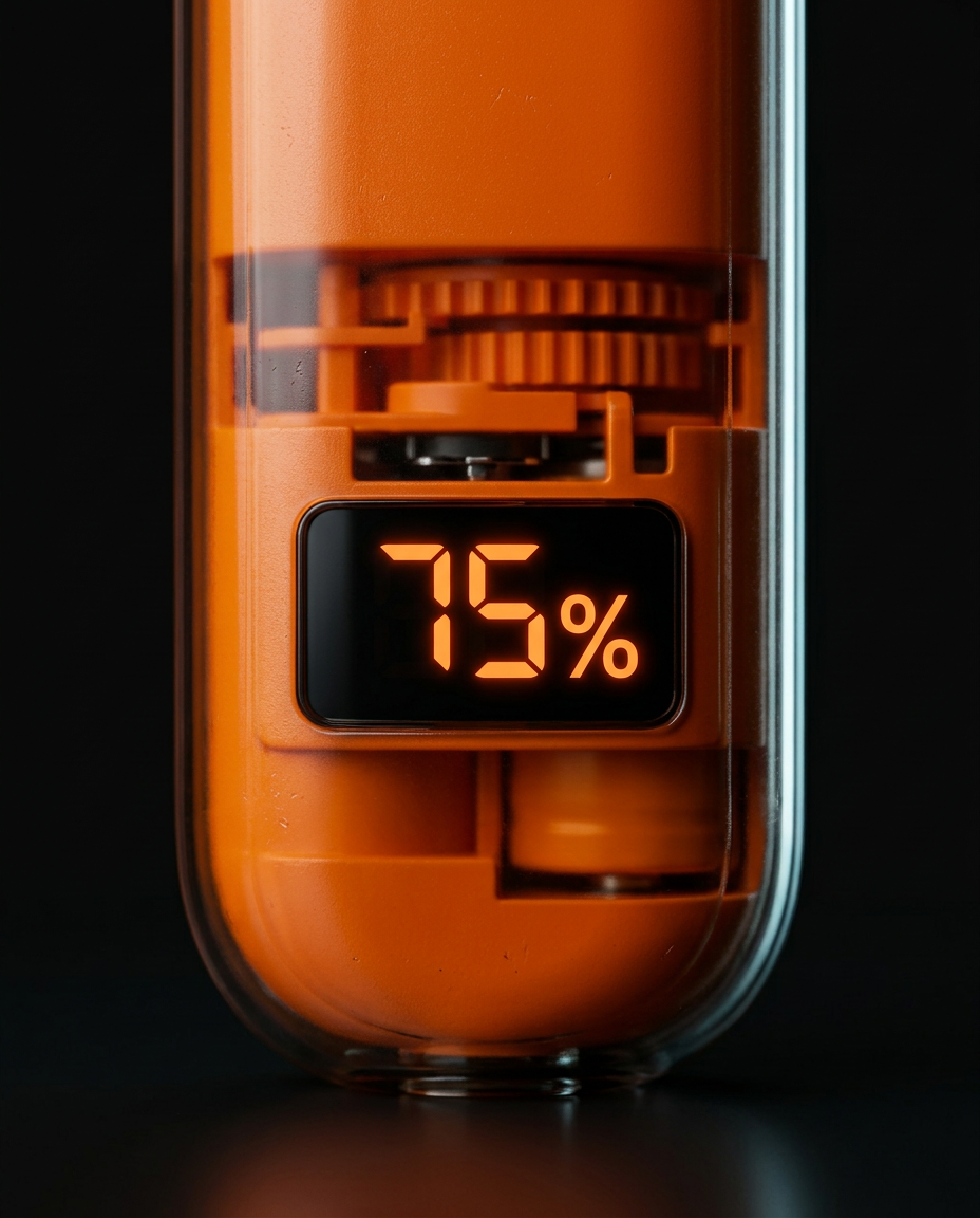 Close-up of the LED battery display reading 75 percent on the orange trimmer