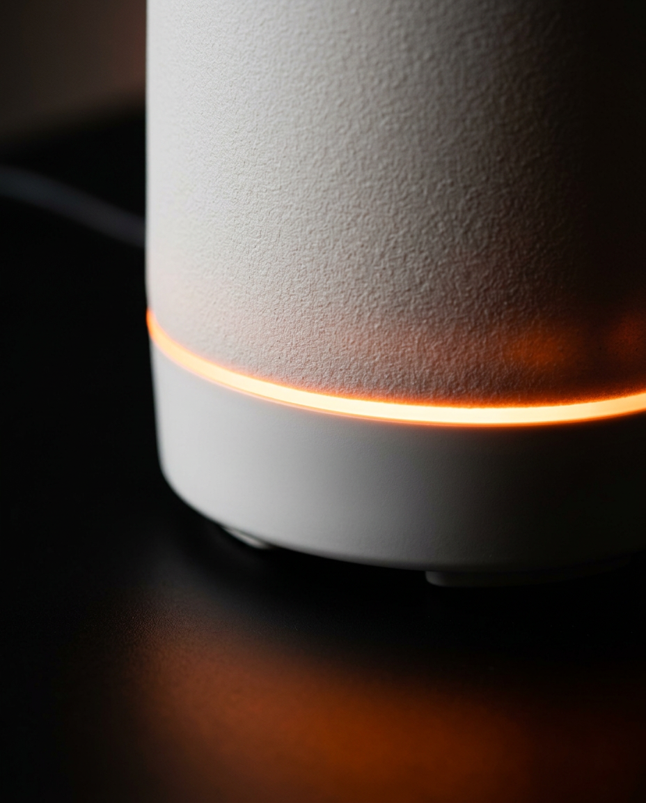 Macro of the warm glowing LED ring at the base of the ceramic diffuser