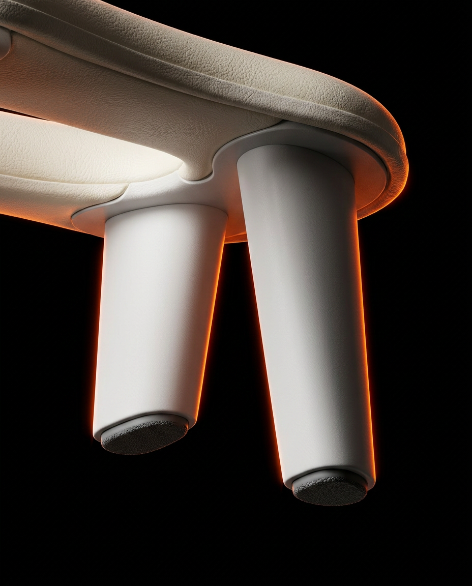 Close-up of the tapered legs and non-slip feet under orange rim light