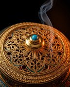 Macro of the gold filigree lid and turquoise finial with escaping smoke