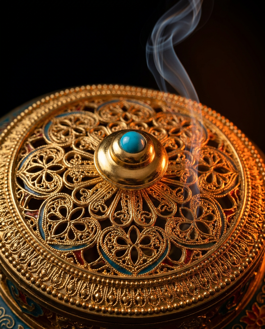 Macro of the gold filigree lid and turquoise finial with escaping smoke