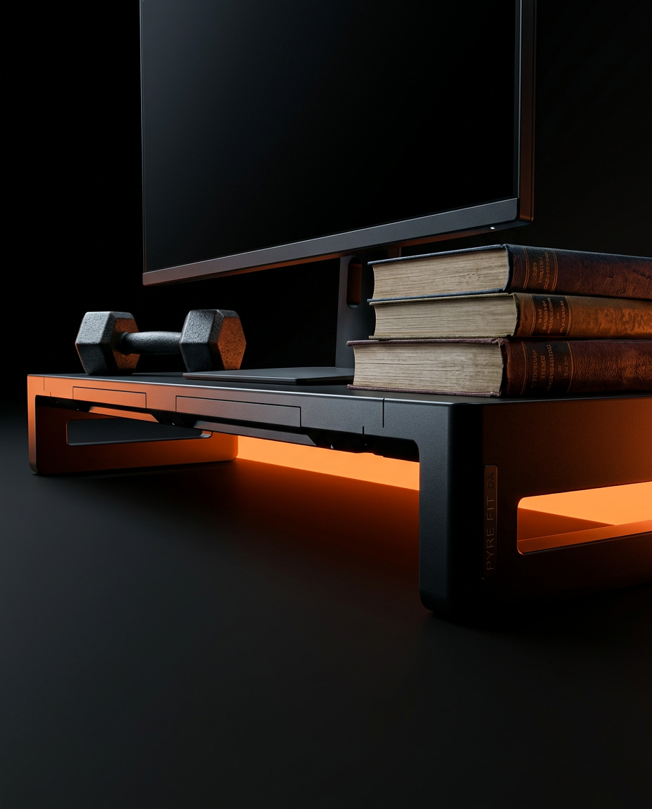 Riser supporting a monitor, books and dumbbell showing load capacity