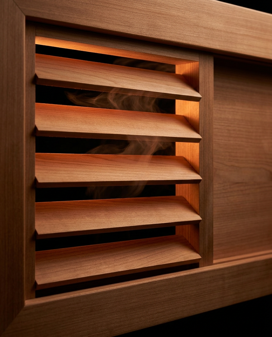 Close-up of the angled louver slats with steam drifting through the vent