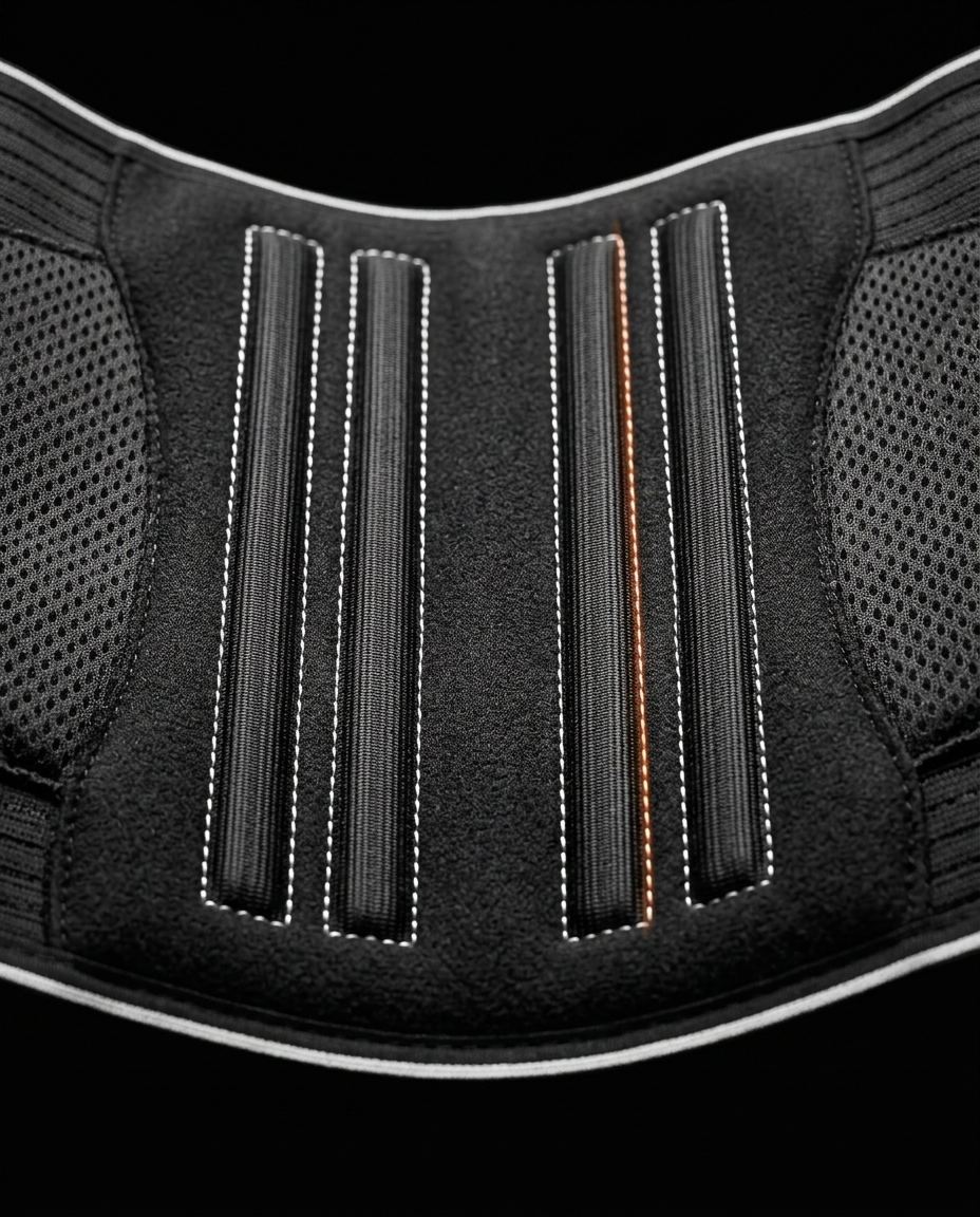 Macro of the rigid vertical lumbar stays at the back of the support belt