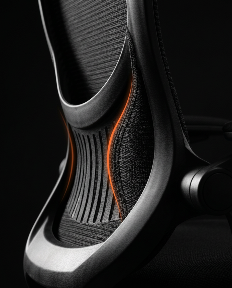 Macro of the chair's adjustable lumbar support with orange accent