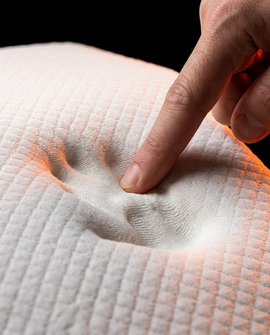Finger pressing into the slow-recovery memory foam top of the leg wedge