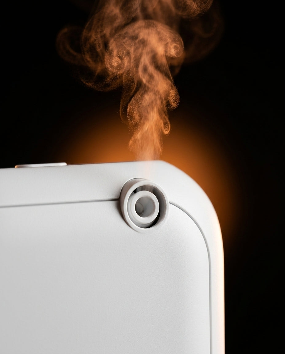 Macro of the diffuser nozzle emitting a fine mist plume