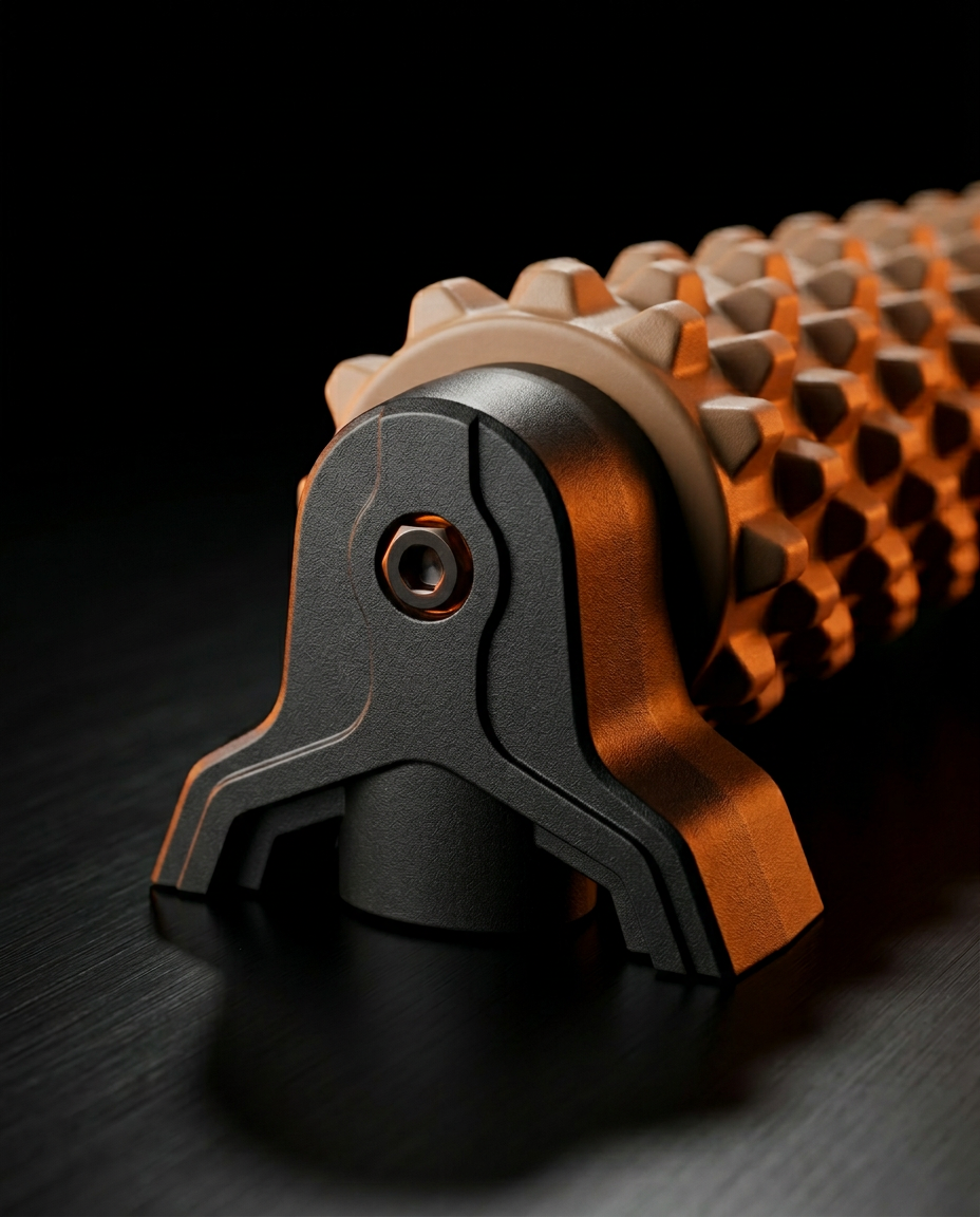 Macro of the black end-cap bracket where the foam roller locks into its mount