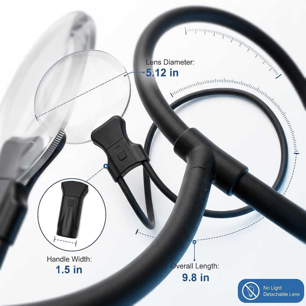 Annotated flexible silicone neckband with lens diameter and length measurements