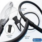 Annotated flexible silicone neckband with lens diameter and length measurements