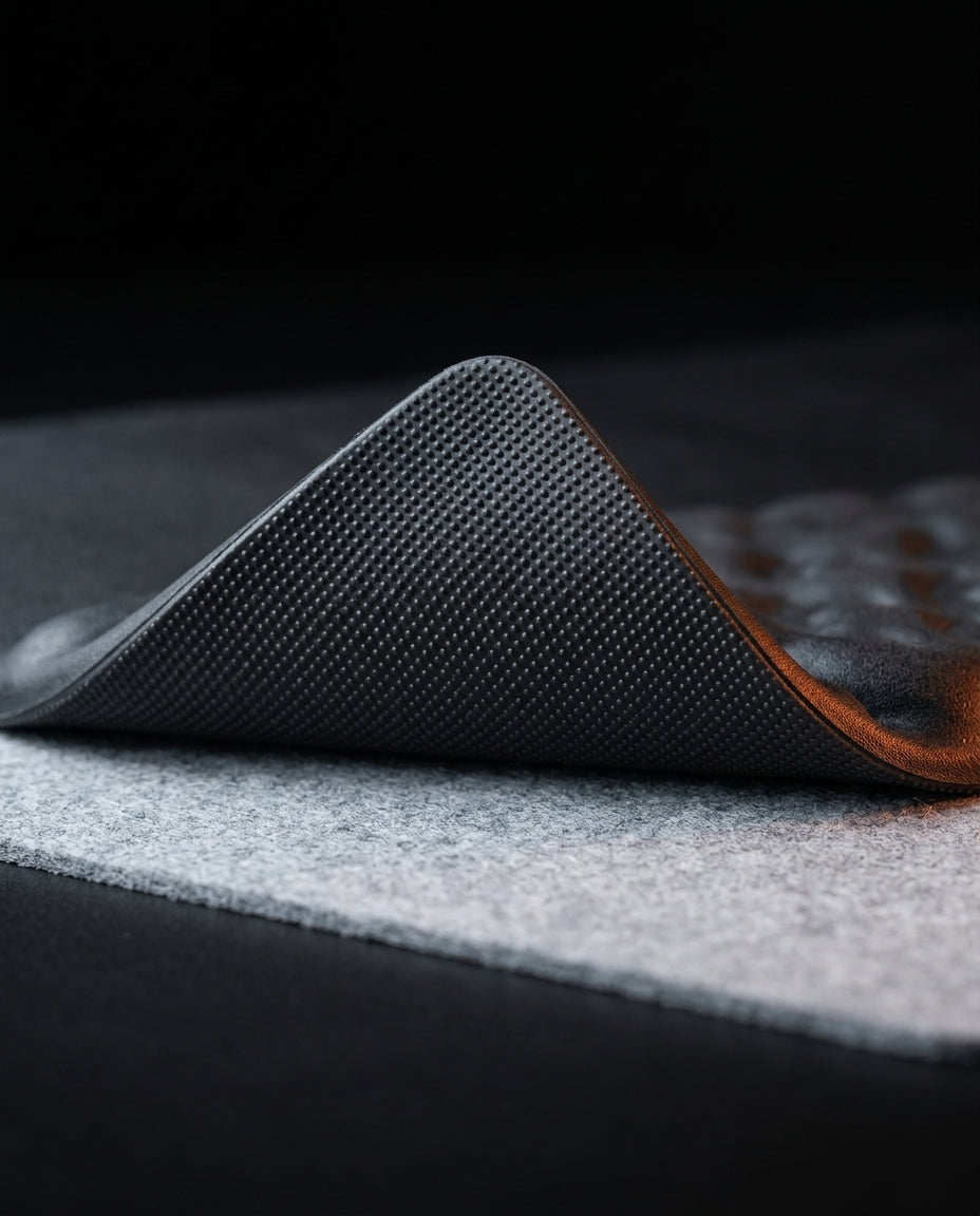 Macro of the wrist pad's textured non-slip rubber underside peeled up