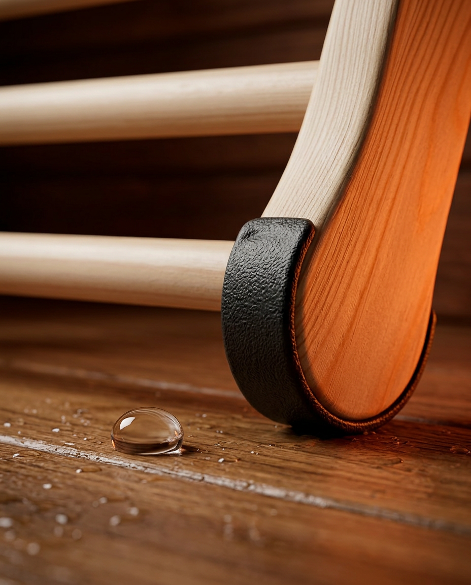Macro of the black non-slip rubber foot on the sauna backrest's wooden frame