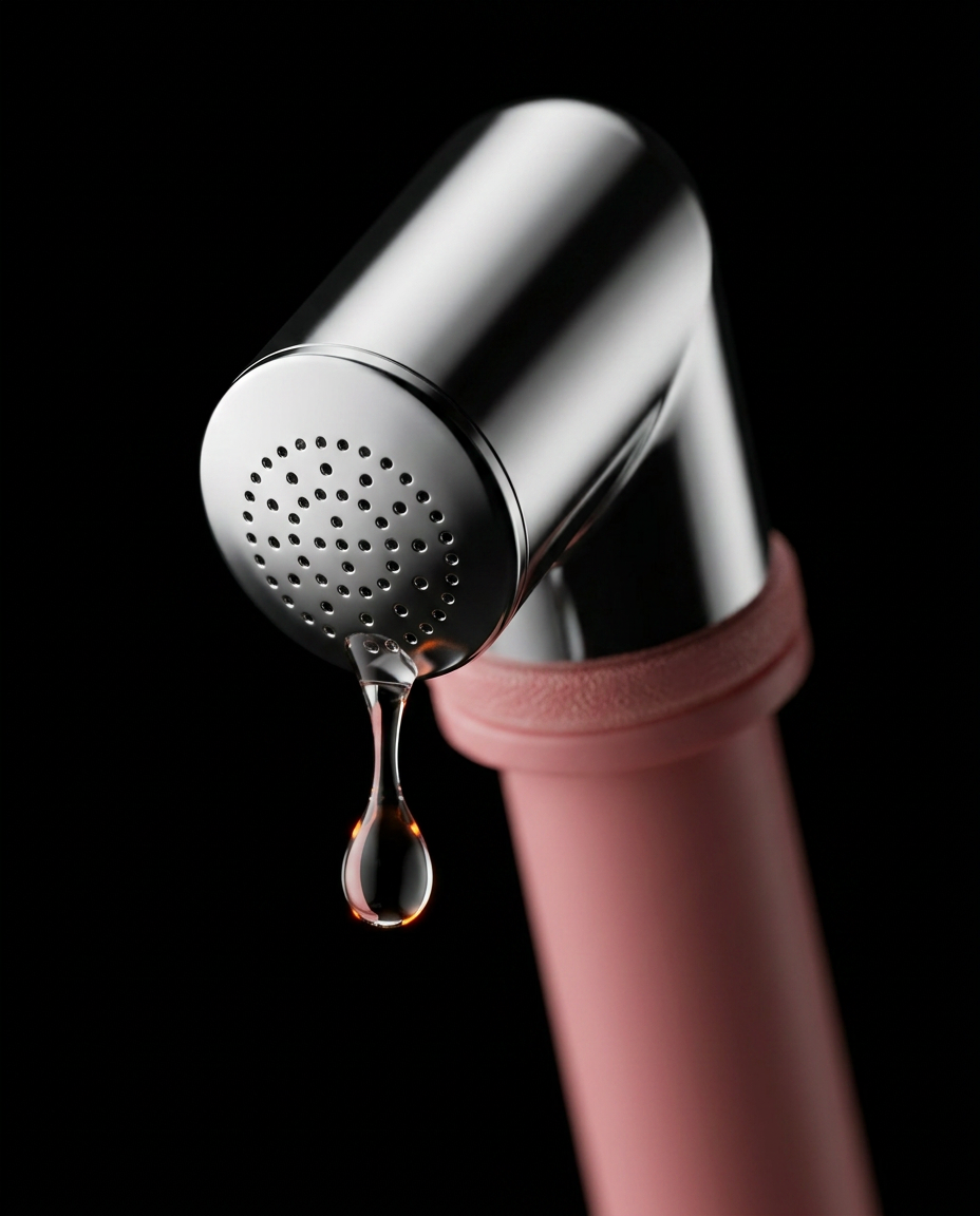 Macro of the chrome perforated spray nozzle with a water droplet forming