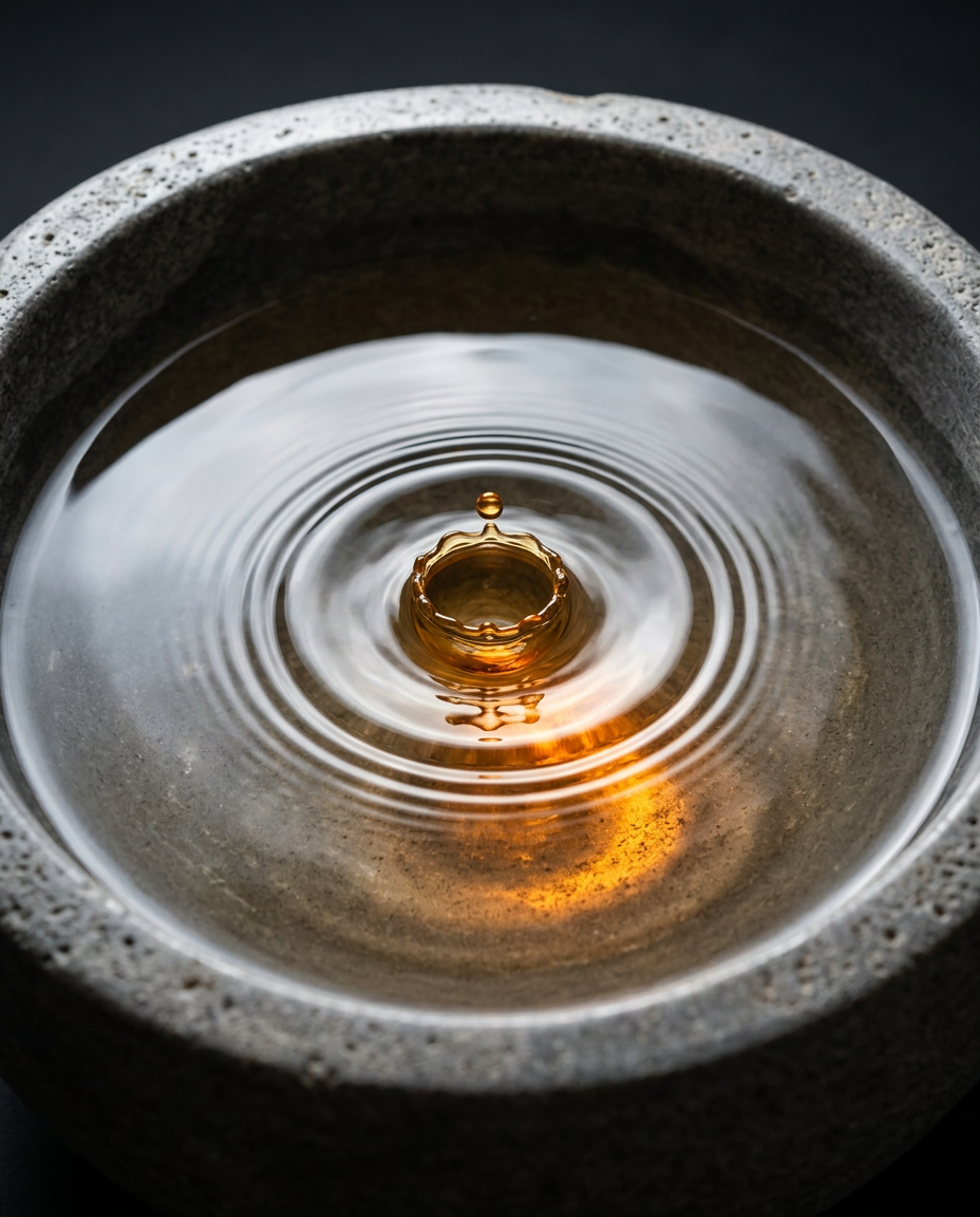 Golden essential oil drop rippling in water inside the stone aroma bowl