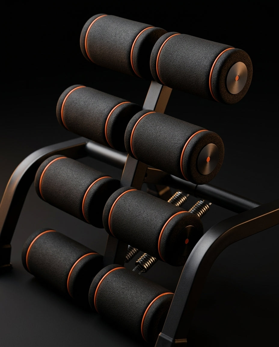 Close-up of the stacked padded foam ankle rollers with orange trim