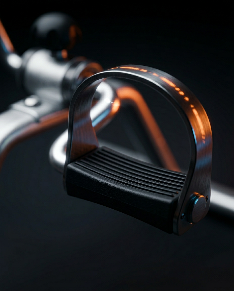 Close-up of the textured pedal and adjustable foot strap on the mini bike