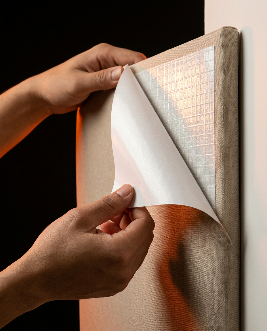 Hands peeling the adhesive film off the back of a beige upholstered wall panel