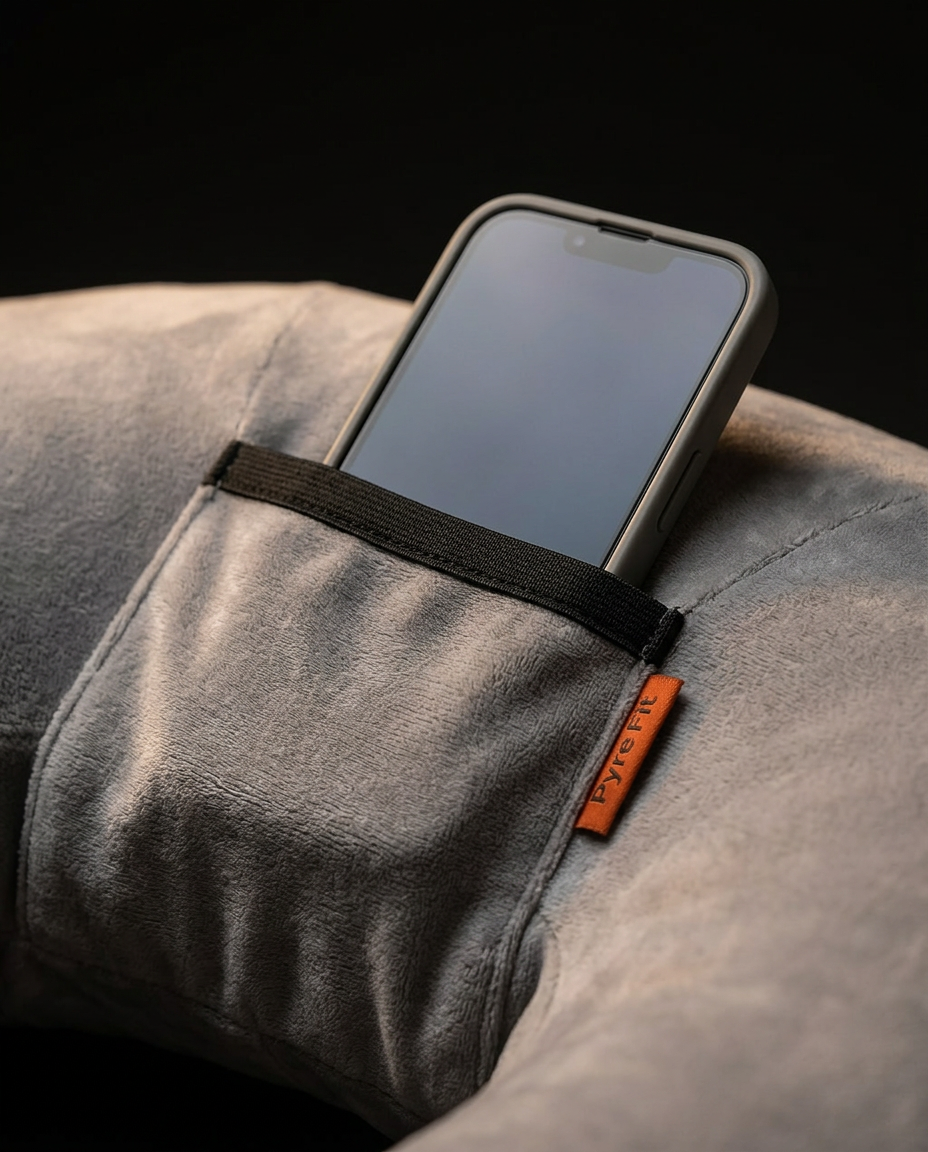 Phone propped upright in the integrated cradle pocket of the comfort pillow