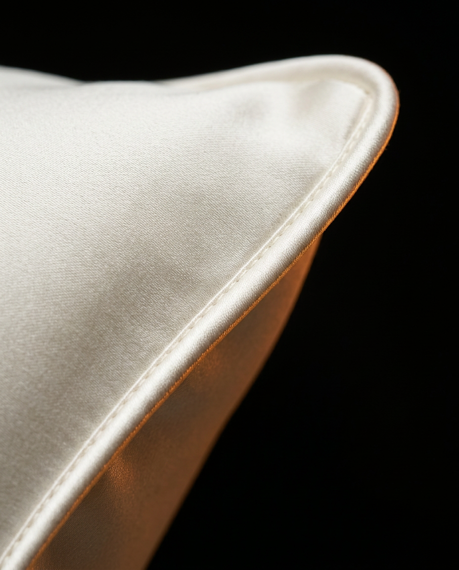 Macro of the corner piped trim and stitching on the silk pillowcase