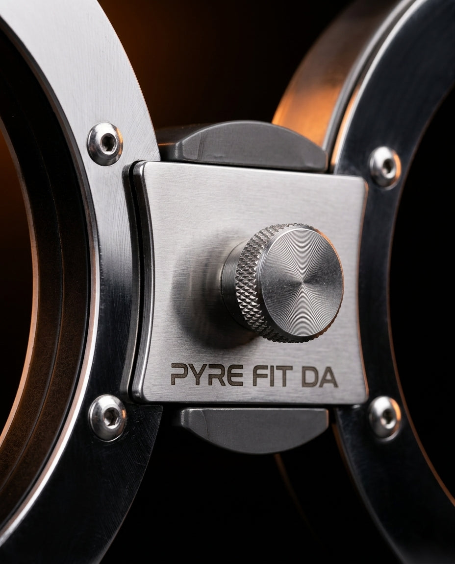 Central steel pivot mechanism with knurled adjustment knob joining the rings