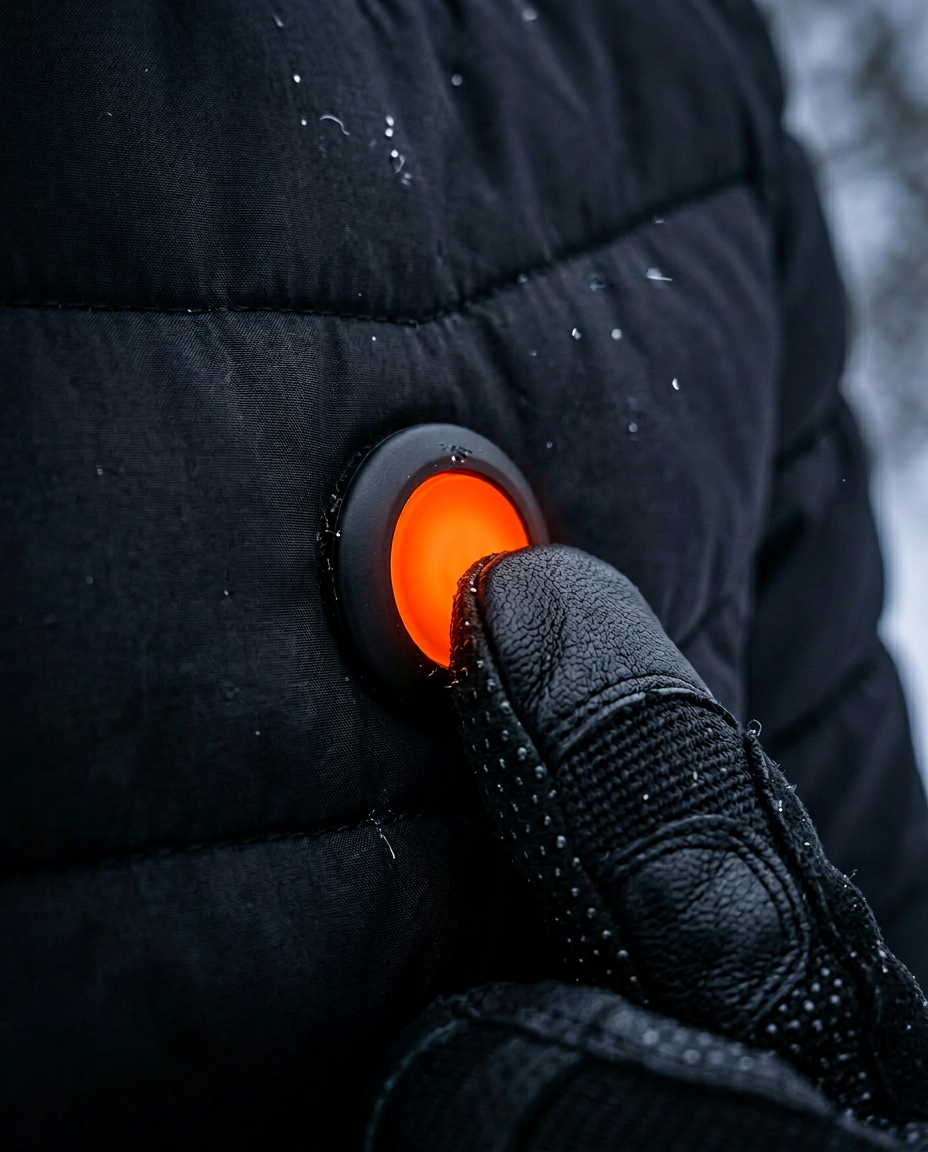 Gloved finger pressing the glowing orange power button on the jacket