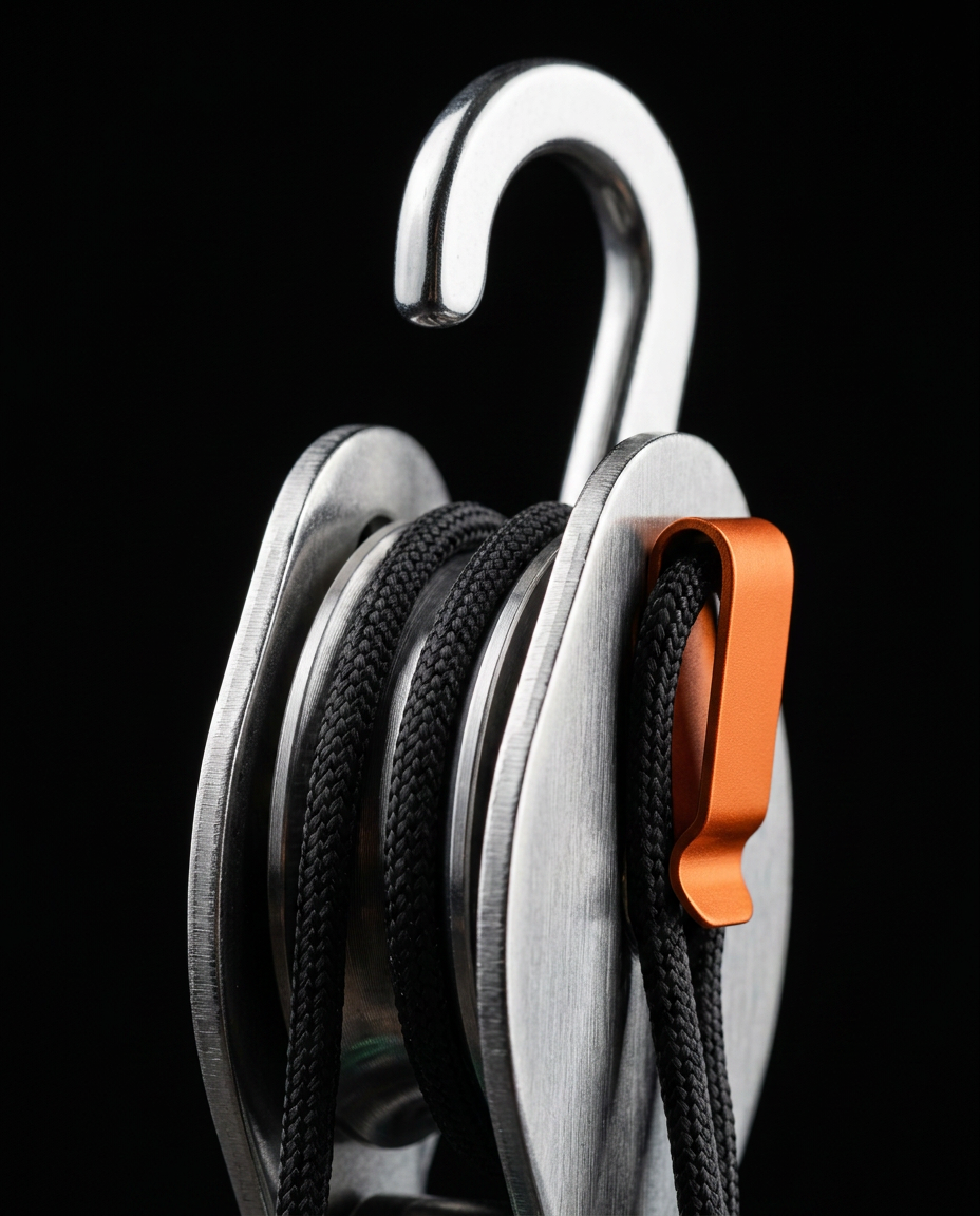 Close-up of the metal pulley mechanism with rope and orange tension clip