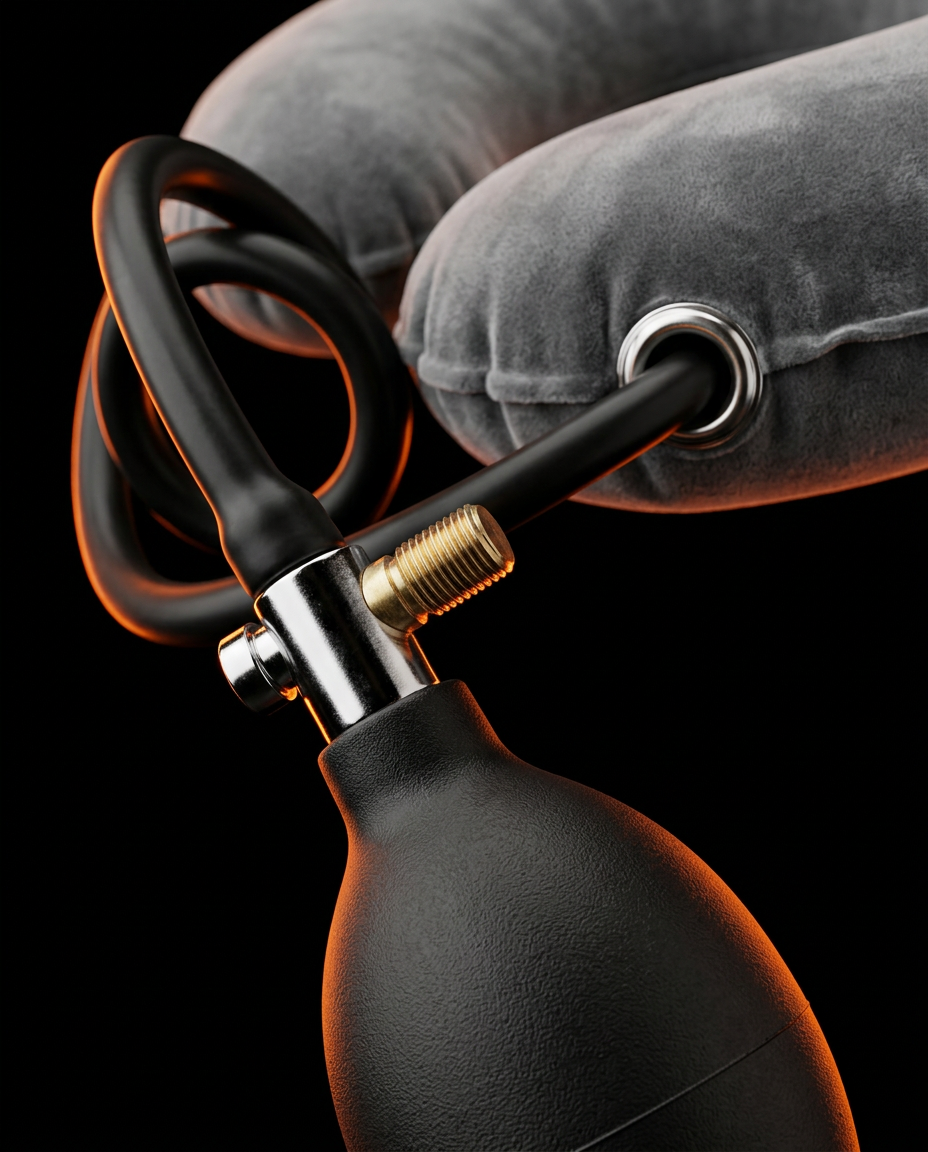 Macro of the black hand-bulb air pump and release valve