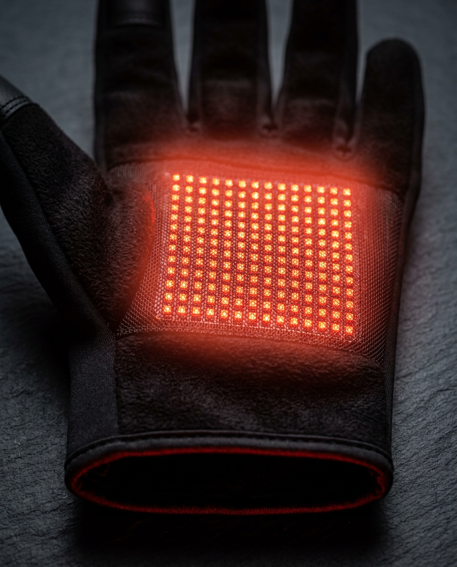 Macro of the glowing red LED light panel on the back of the glove