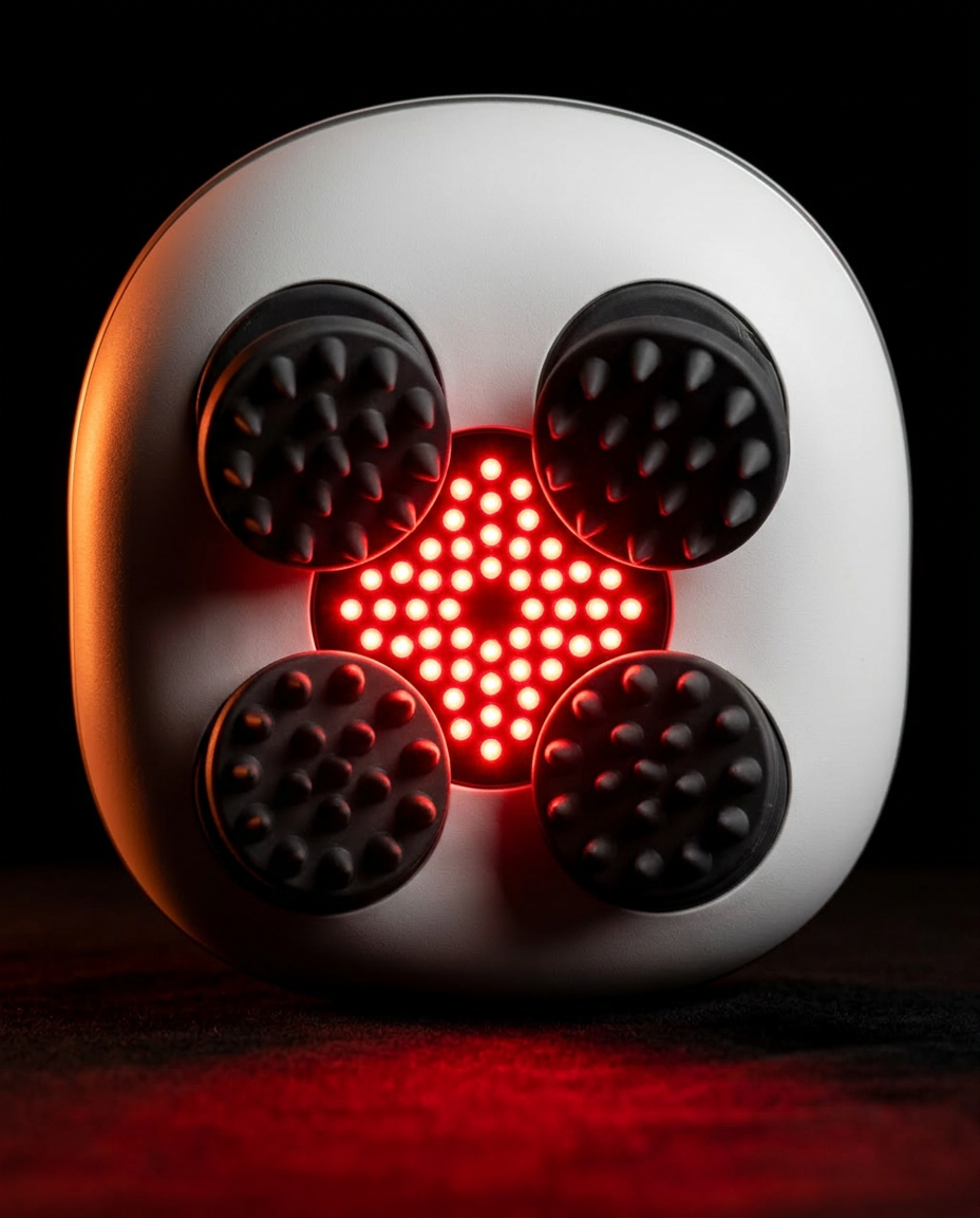 Underside of the scalp massager with red light LEDs glowing