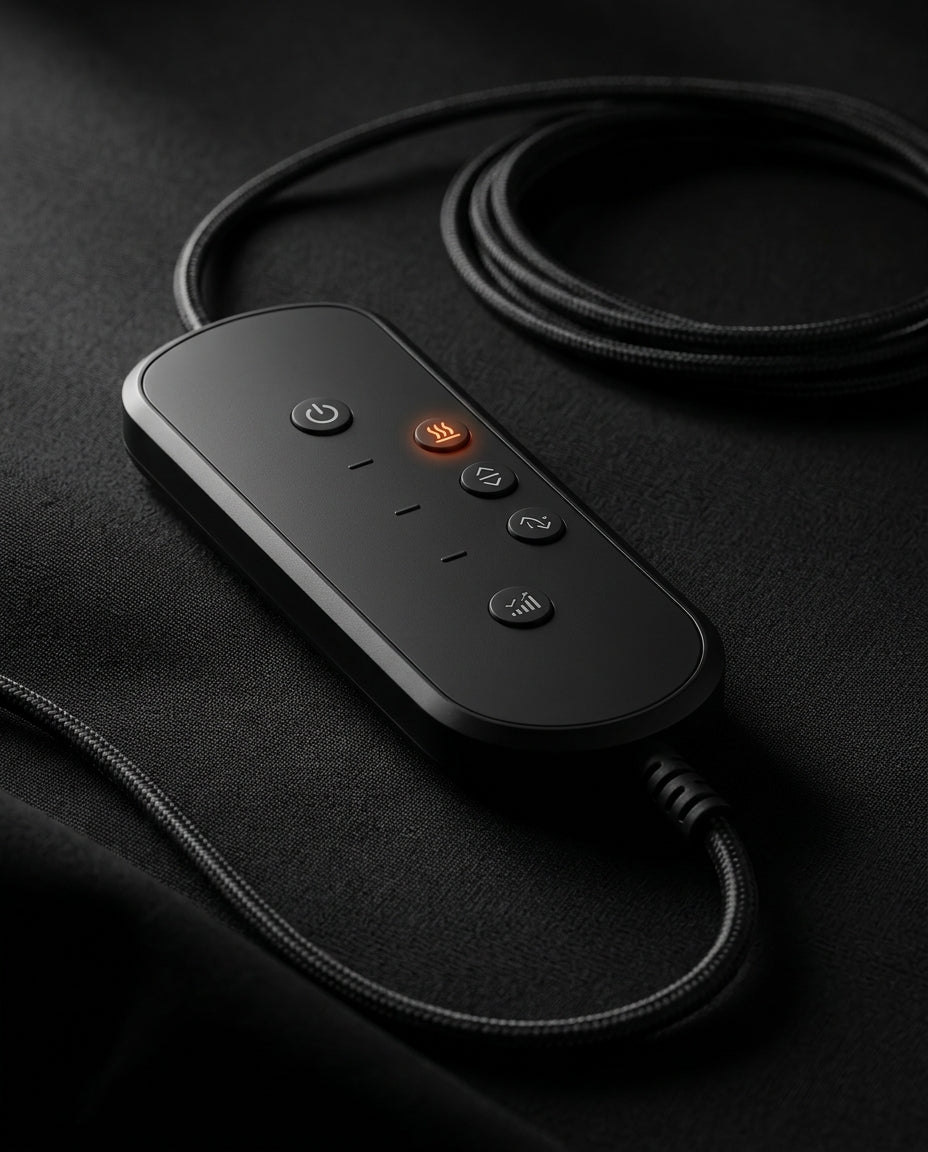 Close-up of the wired massager remote with heat button glowing on a dark surface