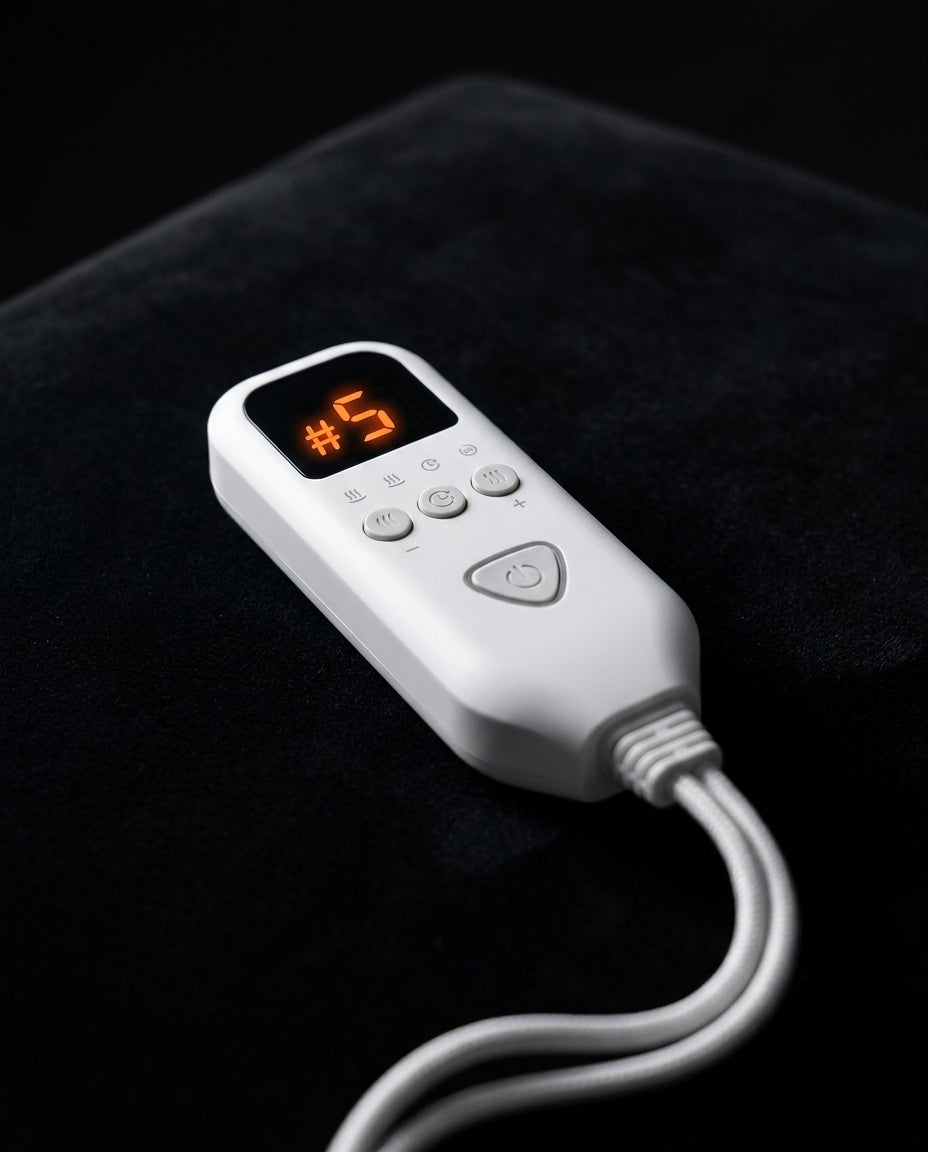 Macro of the white digital heat controller showing level five on the soft pad